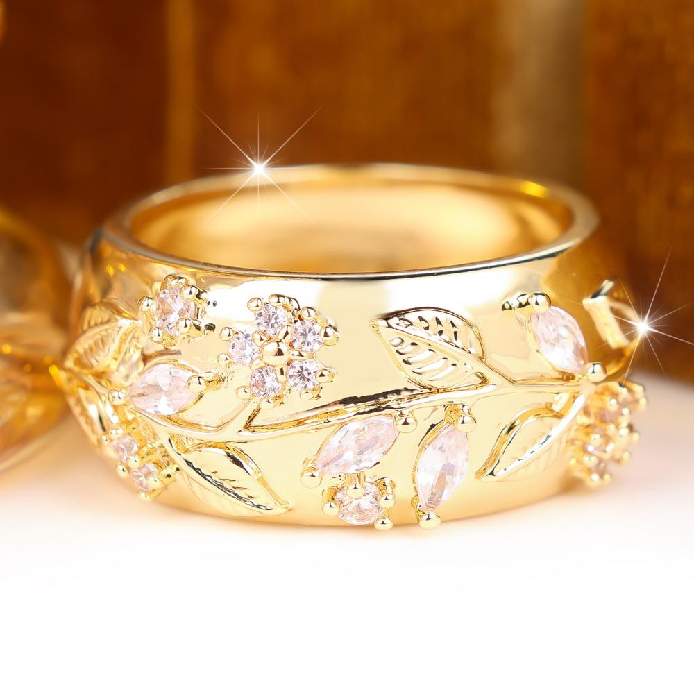 Vintage Gold Color Floral Leaf Ring for Women Zircon Wedding Banquet Fashion Jewelry Gift