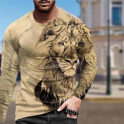 Herren-T-Shirts mit Löwen-Skizze-Aufdruck, langärmelig, Rundhalsausschnitt, lässiger Pullover, Herrenbekleidung in Übergröße