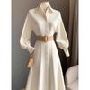 Chic Commuter White A-Line Dress: Korean Style Slim Fit for Autumn/Winter