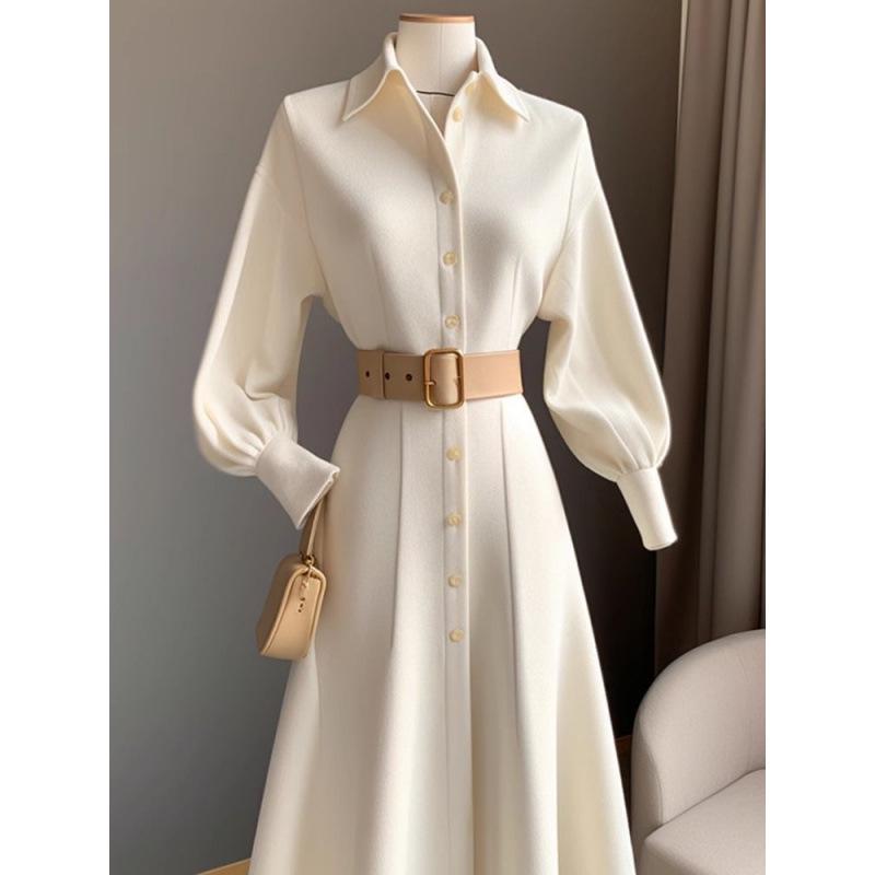 Chic Commuter White A-Line Dress: Korean Style Slim Fit for Autumn/Winter