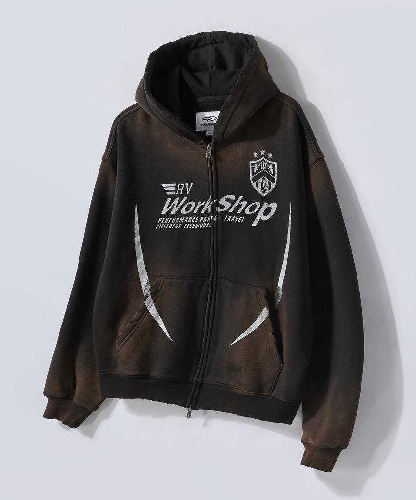 Travel Club Logo Washed Zip-Up Hoodie Black