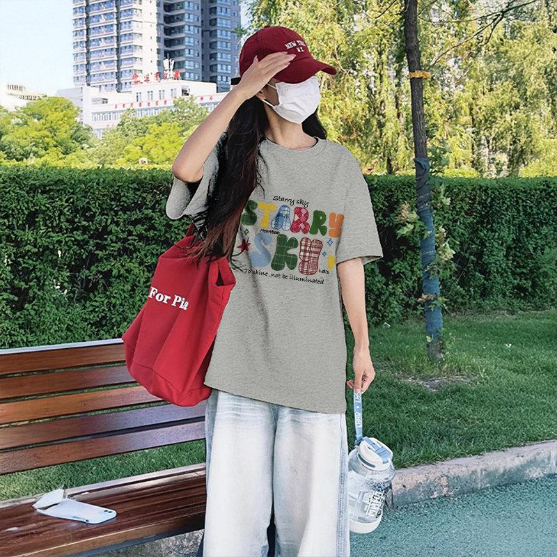 American retro letter printing pure cotton large size fat mm short-sleeved t-shirt women's summer loose and thin bottoming shirt half sleeve