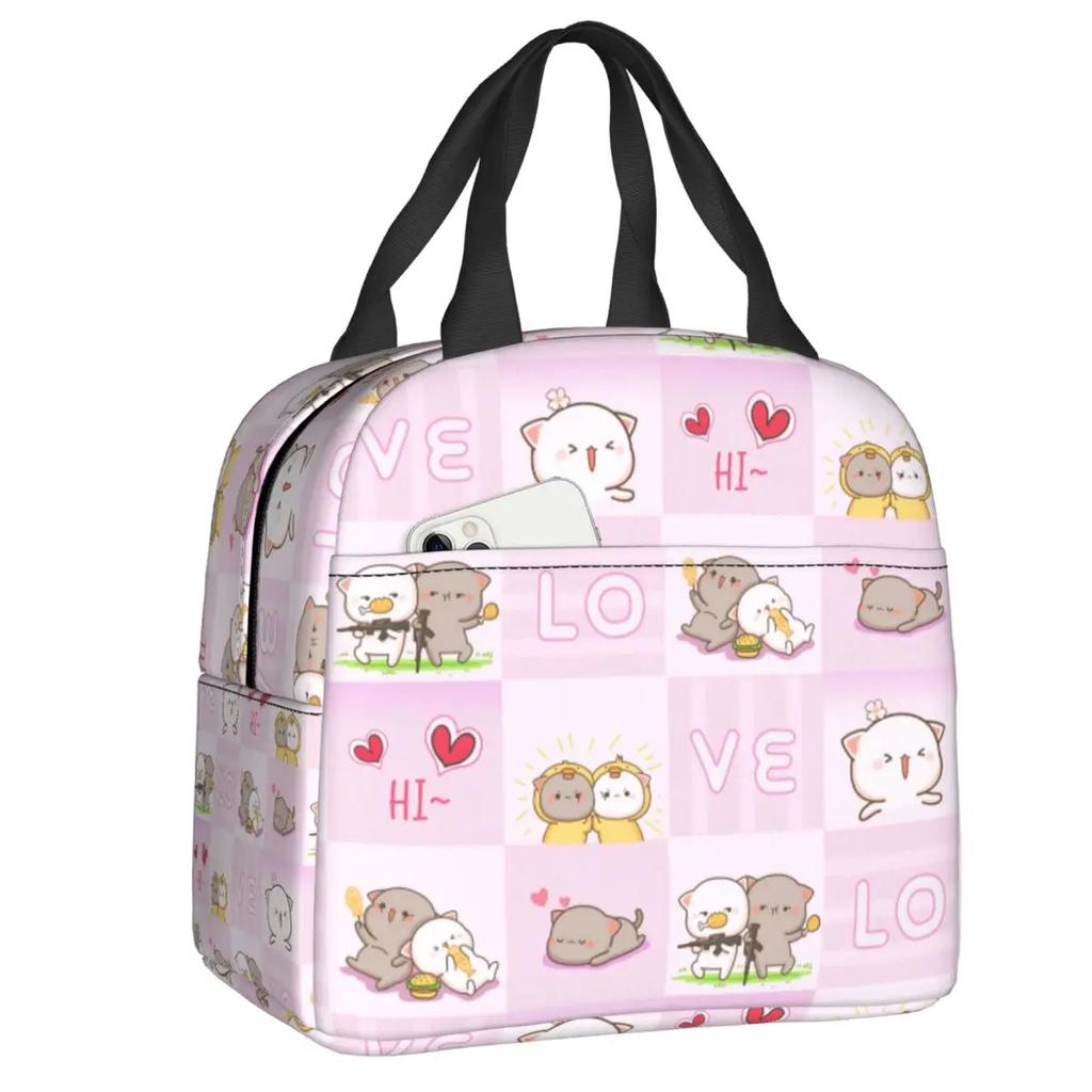 Peach and Goma Insulated Lunch Bags for Work School Picnic Cartoon Mochi Cat Leakproof Cooler Thermal Lunch Box for Women Kids