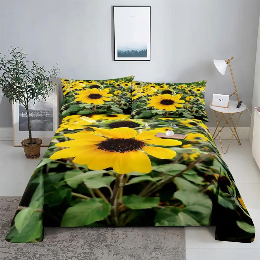 Sunflower Bed Sheets and Pillowcases for Single Double Beds Bedsheets Set with Pillow Case 2pcs 3pcs Queen Full Size 3D Soft