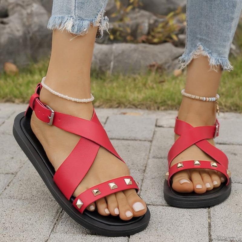 Fashion Summer New Sandals Women's Fashion Round Head Open Toe Rivets Metal Buckle Soft Sole Non-slip Flat Shoes
