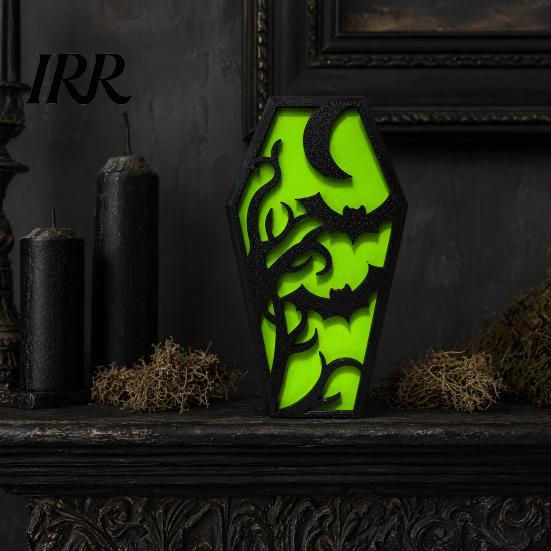 Halloween Ghost Spider Decoration Casket Decor, DIY Bat Ornament with Lights, Night Light Spooky Graveyard Scene Prop for Party Home