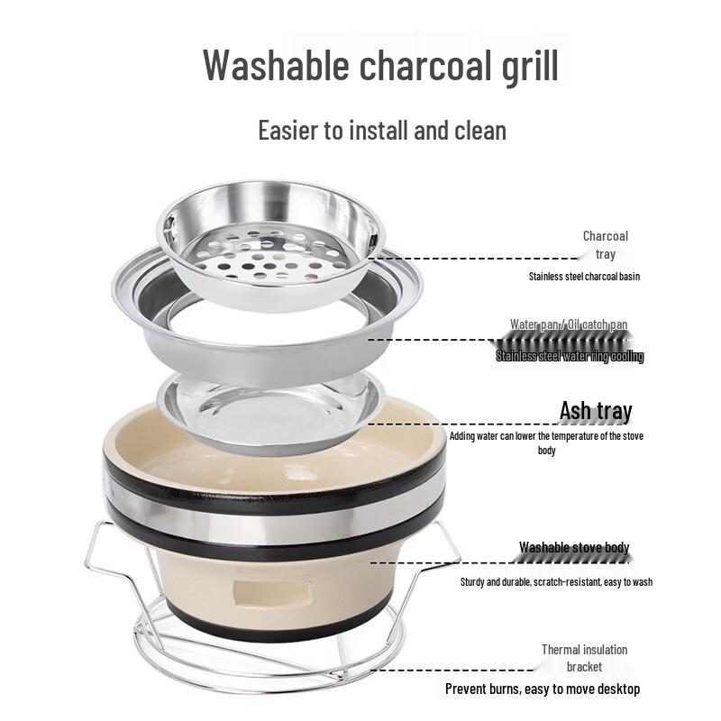 Washable Charcoal Clay BBQ Grill with 3-Layer Steel Grate