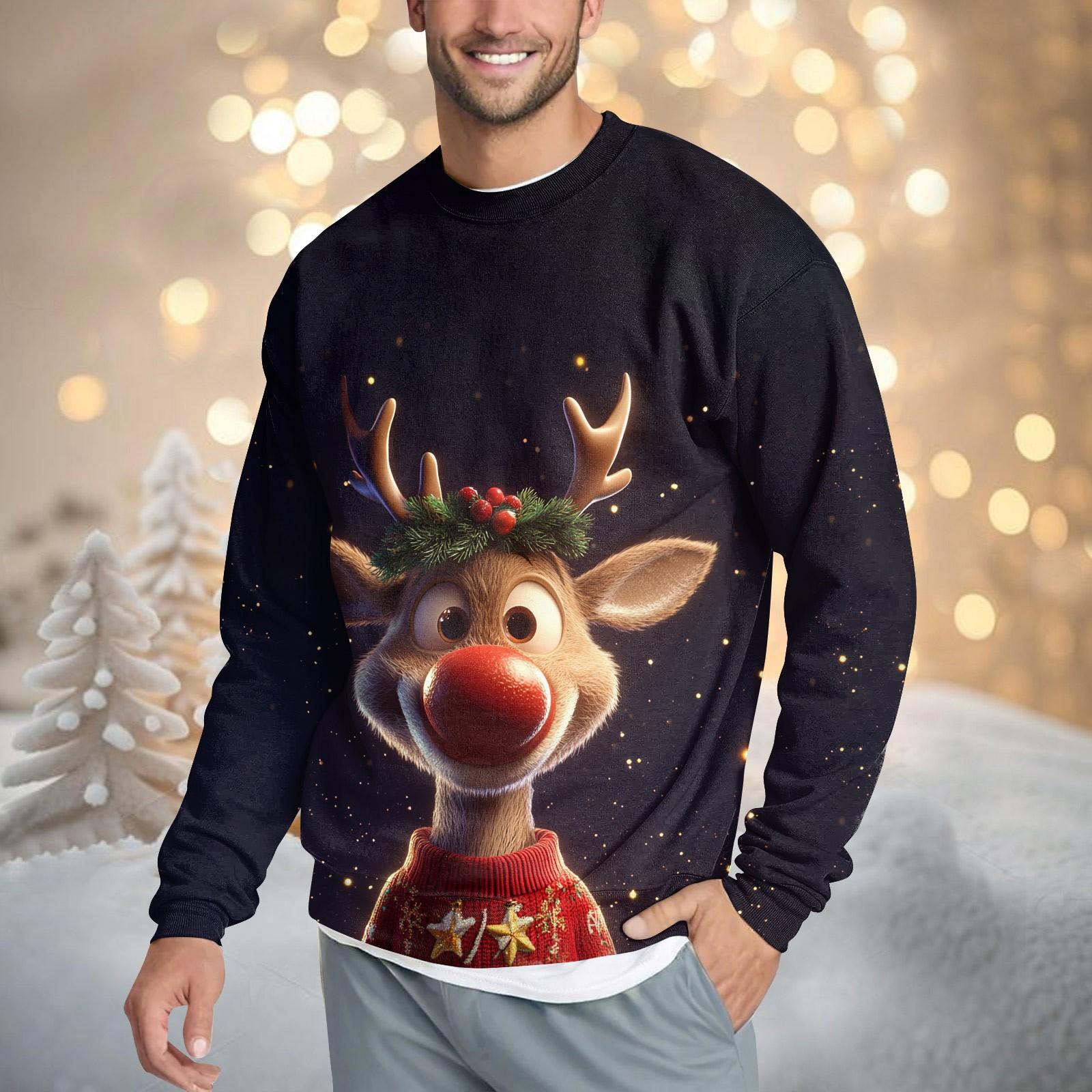 

Мужская повседневная модная удобная толстовка с круглым вырезом и принтом рождественского оленя M чёрный