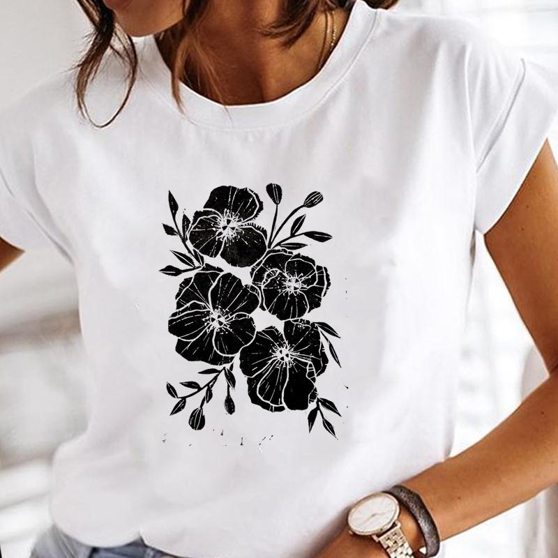 90s Women Short Sleeve Flower Floral Lovely Cute Print Tee Top Summer Fashion T-shirt Clothing Casual Lady Female Graphic T-shirt