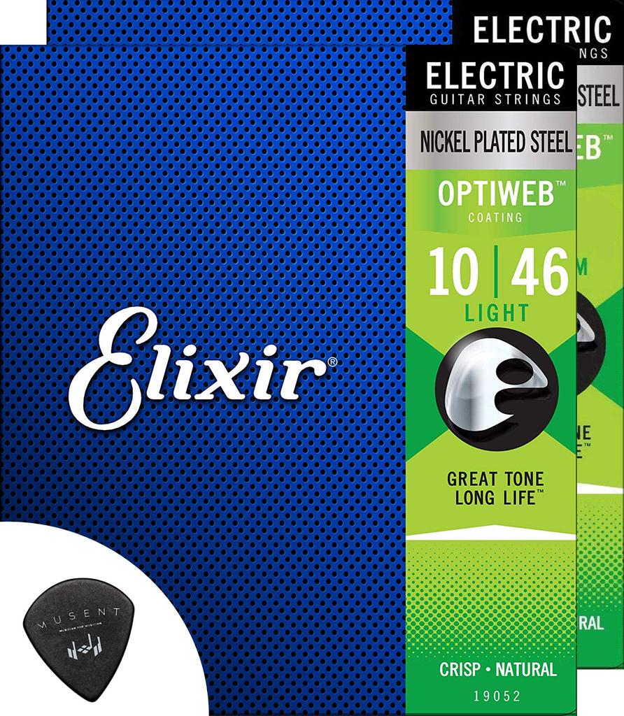 Elixir Electric Guitar Strings Set of 2 Light 010-046 Optiweb Coated Strings + Musent Pick Included Trial Set 19052-2P