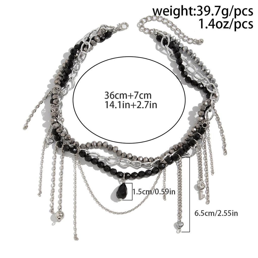 Retro Water Drop Key Heart Shaped Round Bead Tassel Pendant Necklace 2025 Multi Layer Black Crystal Girl Fashion Jewelry