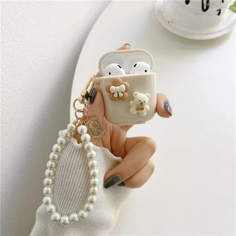 Various Cute Bear Heart-shaped  Bow tie Beige Case For Airpods 4 Earphone Case For AirPods Pro 2nd 3 1 2 Earphone Charging Box Keychain Lanyard