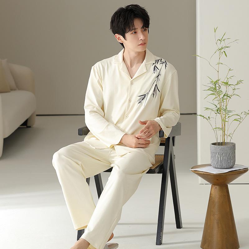 

Пижама мужская весенне-осенняя хлопковая с длинным рукавом, домашняя одежда, универсальная на все сезоны, высококачественный черный костюм L