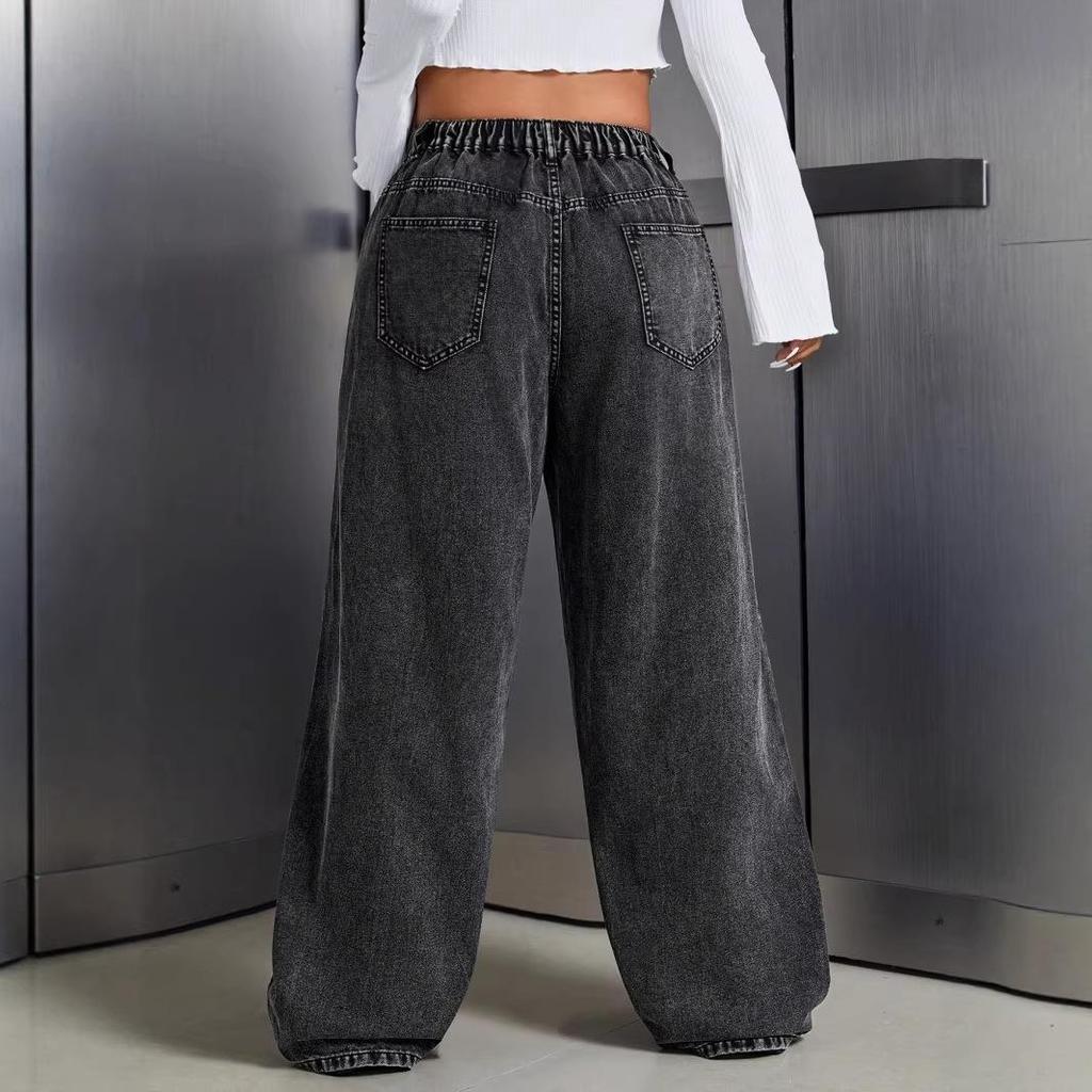 2026 European Plus Size Distressed Cropped High-Waisted Wide-Leg Baggy Jeans