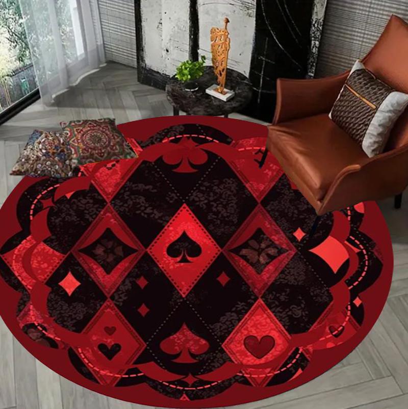 Modern Simple Retro Playing Card Pattern Round Rug Non-Slip Wear-Resistant Sound-Absorbent Dustproof for Living Room Bedroom