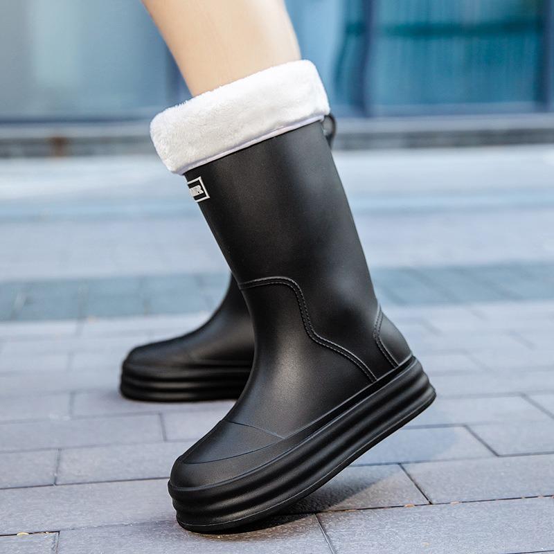 

Женские модные взрослые дождевые ботинки, женские водонепроницаемые и нескользящие резиновые ботинки для кухни с длинным голенищем, на бархатной подкладке, теплые, износостойкие 36-37