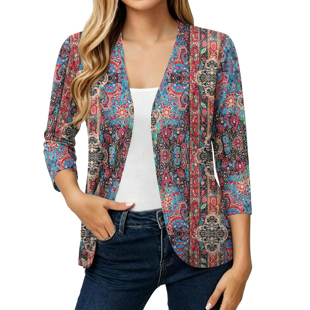 Women's Lightweight Loose Fit Vintage Floral Print Three-Quarter Sleeve Cardigan for Casual Daily Wear