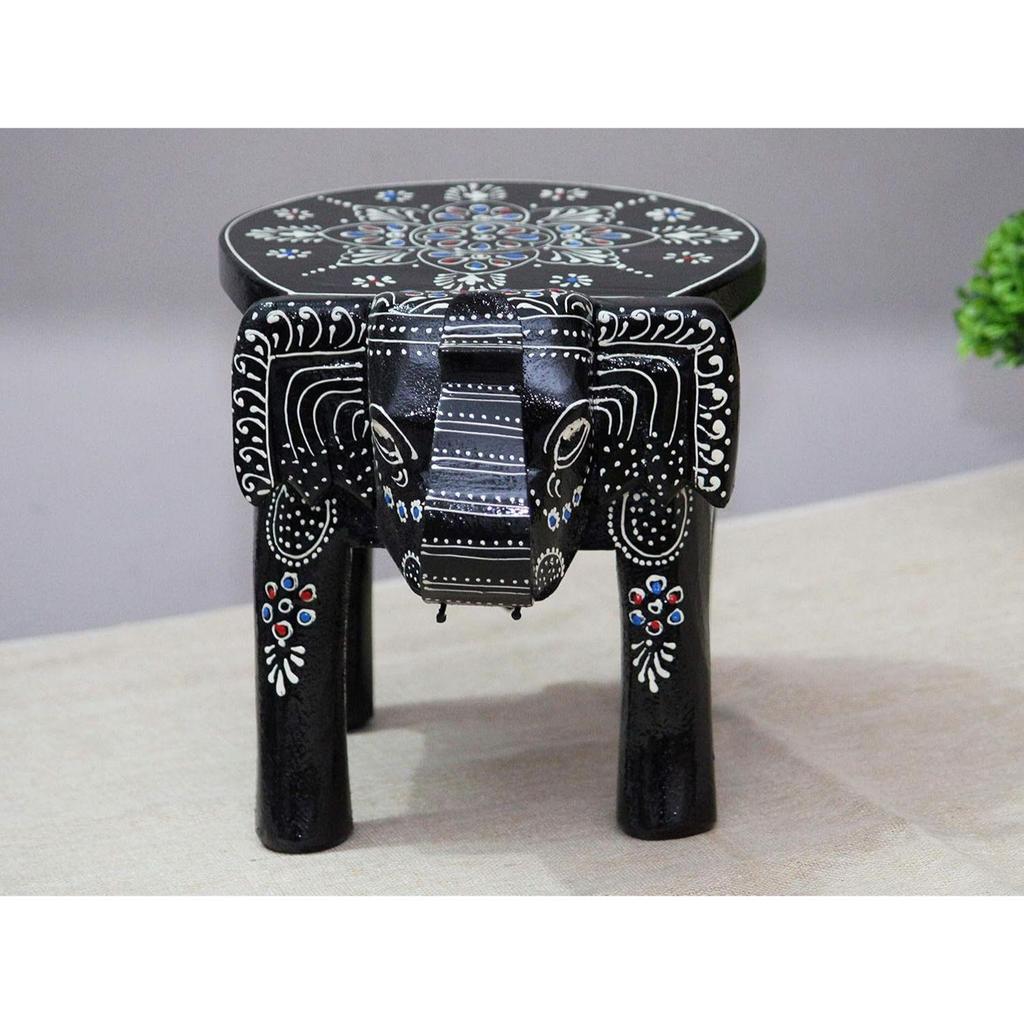 Handcrafted and Emboss Painted Colorful Wooden Elephant Shape Stool Table (8 Inches Height, Black)