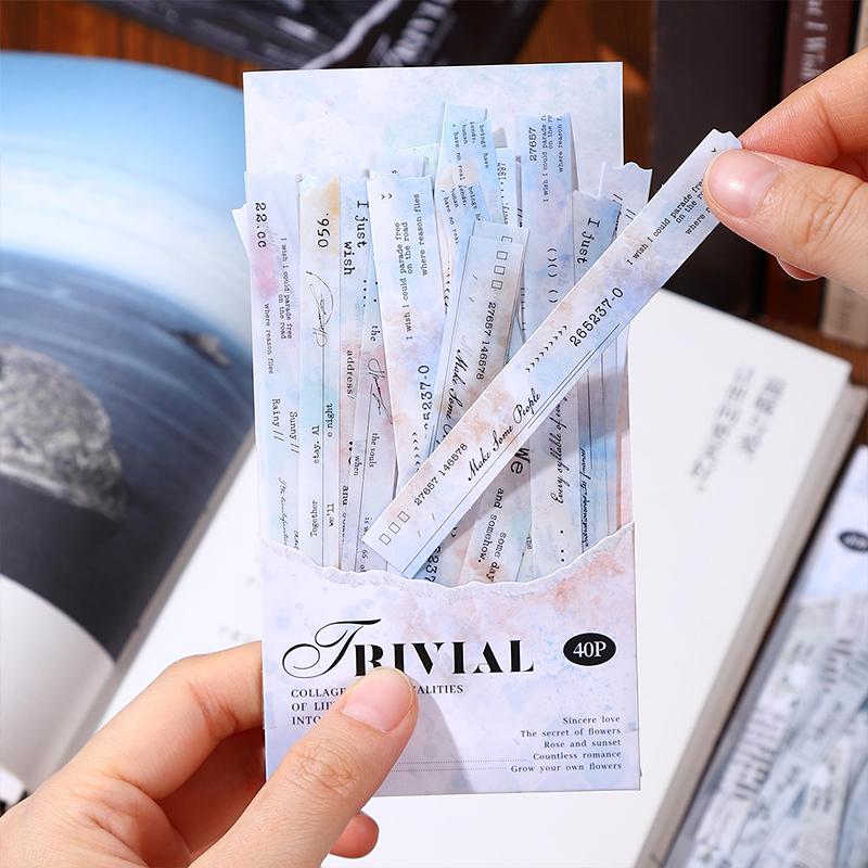PET Washi Paper Dual Material Long Strip Sticker Bag Art Manuscript Text Pattern Sticker Creative Hand Account DIY Decoration