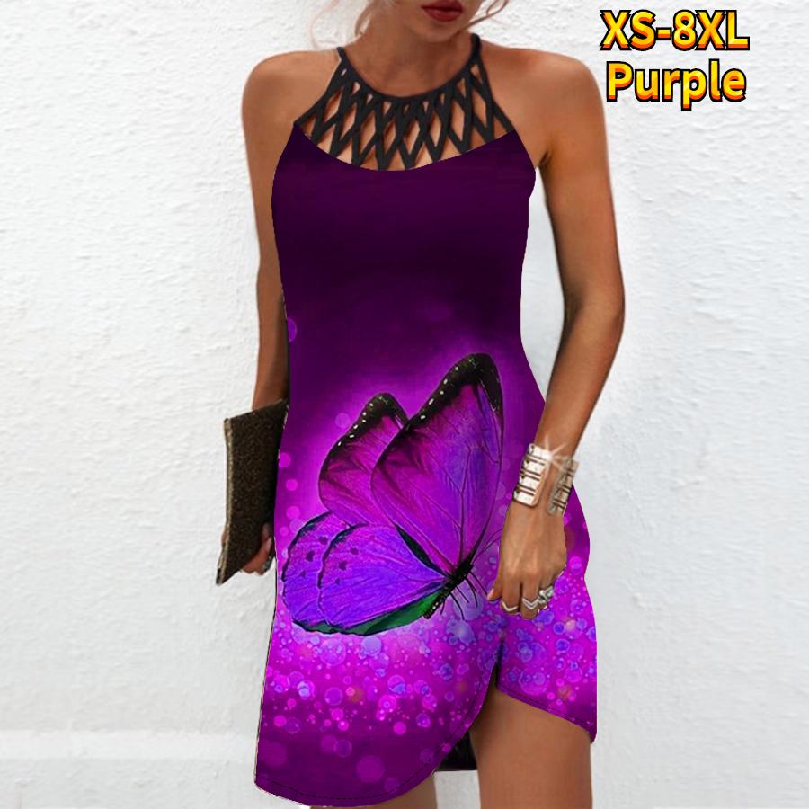 Summer Fashion Sexy Sleeveless Dress Soft Casual 3D Blue Butterfly Print Dress Sleeveless Sling Dress Summer Suspender Dress