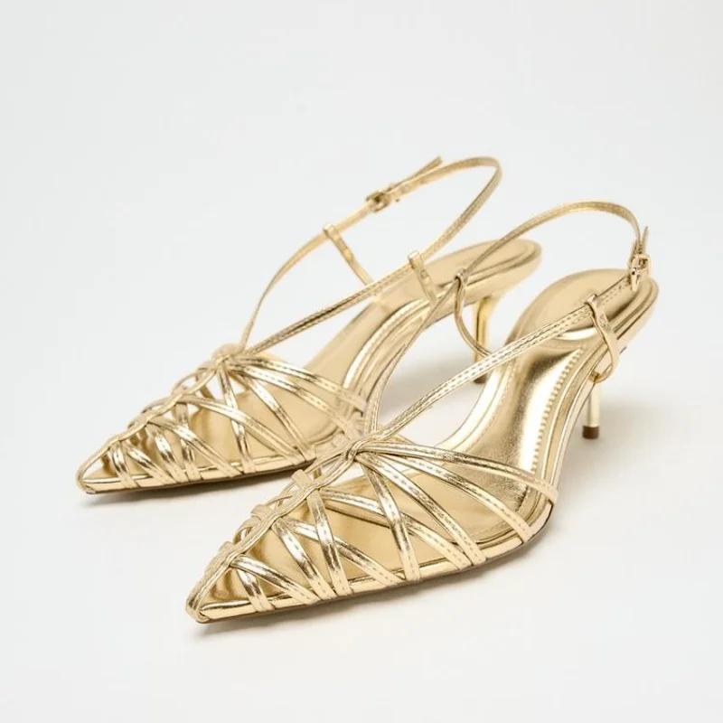 Fashion Gold Narrow Strap Hollow Out Design Heeled Sandals Women Sexy Pointed Toe Ankle Strap High Heels Elegant Banquet Wedding Shoes