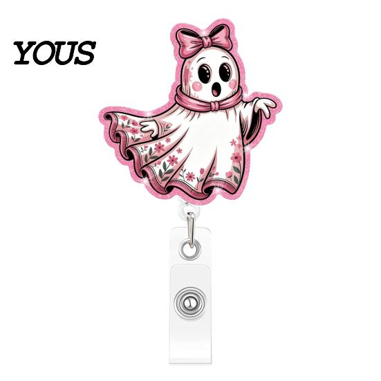 Clear Acrylic Retractable Badge Reel Halloween Ghost Reel, Glitter Holder Clip, Cute Pink ID Name for Women Nurse Teacher Medical Office Worker