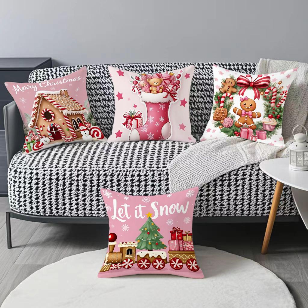 Christmas Gingerbread Man Pink Cushion Cover Letter Print Holiday Decoration Living Room Sofa Cushion Cover Cushion Cover