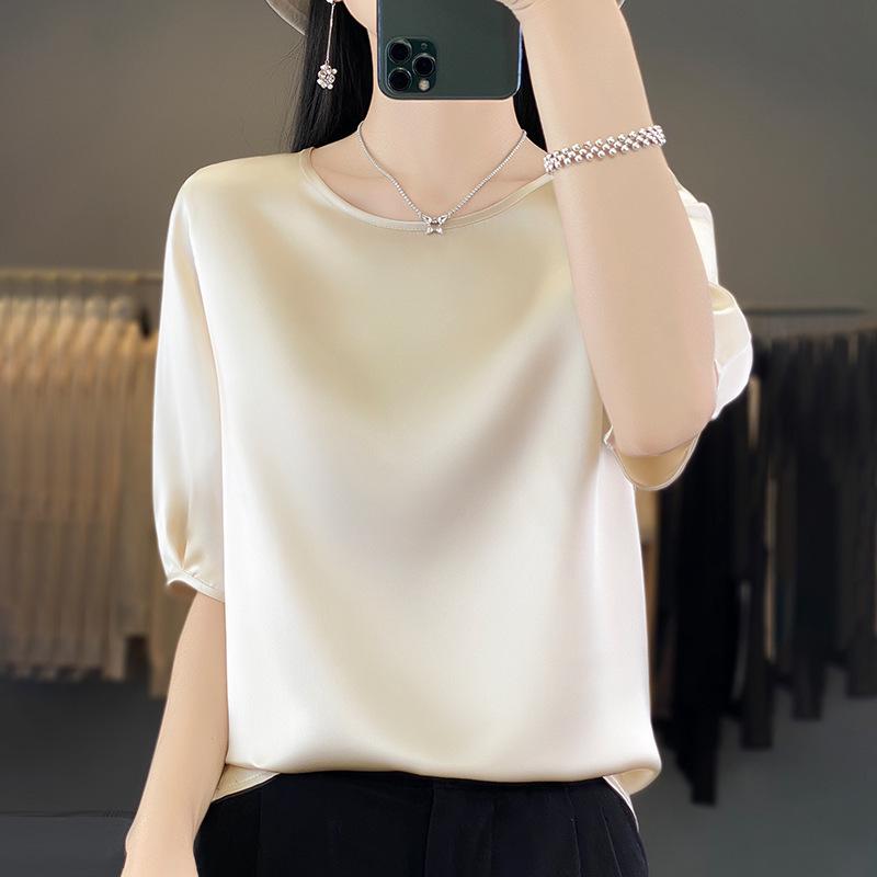 Satin Round Neck Half-Sleeve Loose T-Shirt for Women