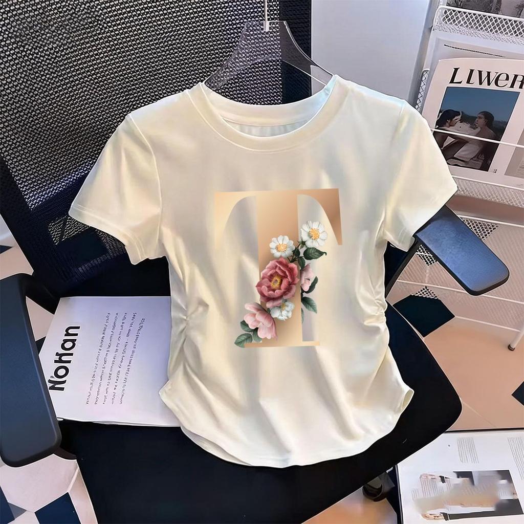 Womens WaistDefining Elastic T Shirt Floral Letters T printed Short Sleeve Round Neck top tee Cartoon tshirts