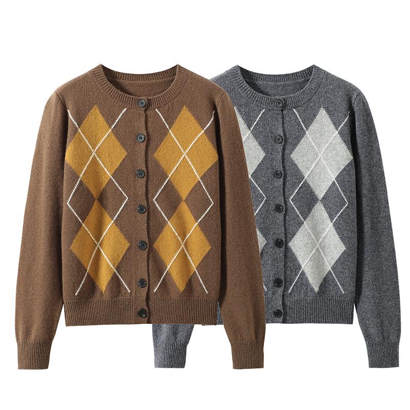 Women's Diamond Pattern Knit Cardigan - Autumn/Winter, 100% Wool, Loose Fit, Short Lazy Style