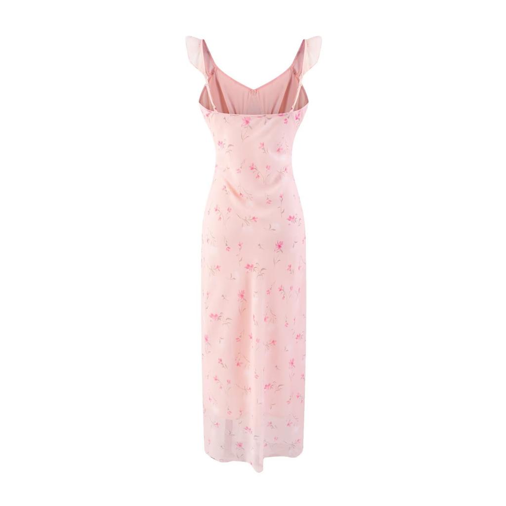 Pure desire sweet V-neck bow suspender dress women's summer new waist lace French pink floral skirt