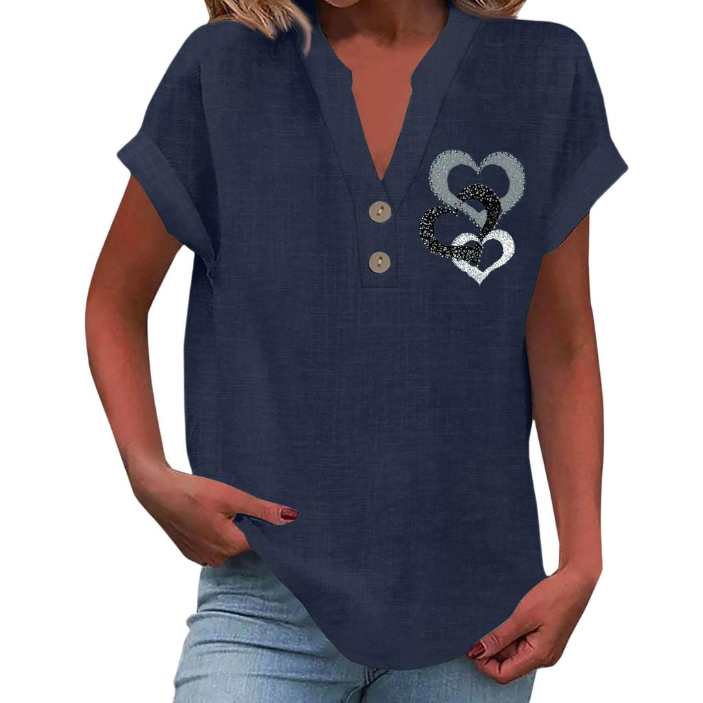 Ladies Casual Fashion V-Neck Button Floral Print Short Sleeve Top