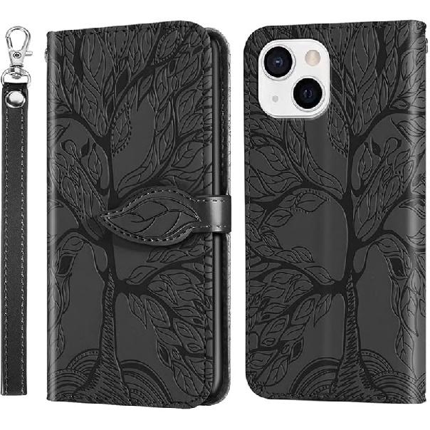Совместимый с iPhone 13 Чехол-кошелек Женский Кожаный Книжка с Ремешком на Запястье Подставка Магнитный Ударопрочный с Держателем для Карт Защитный Чехол для iPhone чёрный