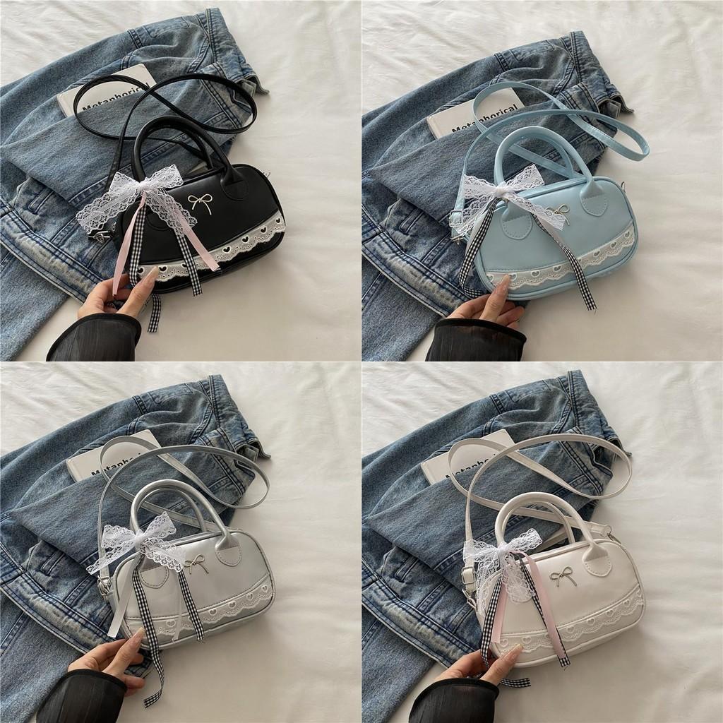 Simple Solid Color Silver Bow And Lace Decoration Women Casual Shoulder Bag For Daily Use