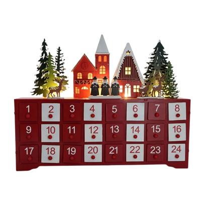 Wooden Advent Calendar for Christmas Home Use, 24 Drawer Lighted Village House with Warm LED Lighting for Seasonal Shelf Display Use
