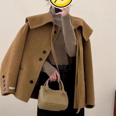 New Double-sided Wool Coat for Women, Short, Petite, Navy Collar Woolen Coat