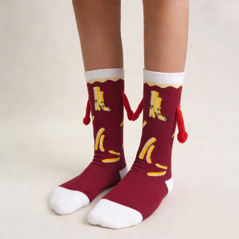 Magnetic Hand Holding Middle Calf Socks Funny Cartoon Food Themed Hamburger Hot Dogs Print Crazy Design Socks for Women