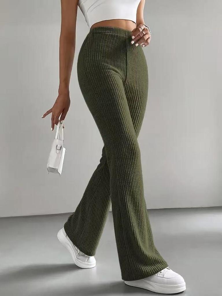 2025 Women's Solid Color Ribbed Knit Bell-Bottom Pants - All-Match, Slim Fit Casual Trousers for Spring and Autumn