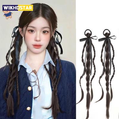 Synthetic Wig Double Twist Braid Head Rope Ribbon Female Sweet Natural College Style Bow Tie  Double Ponytail Wig Head Rope