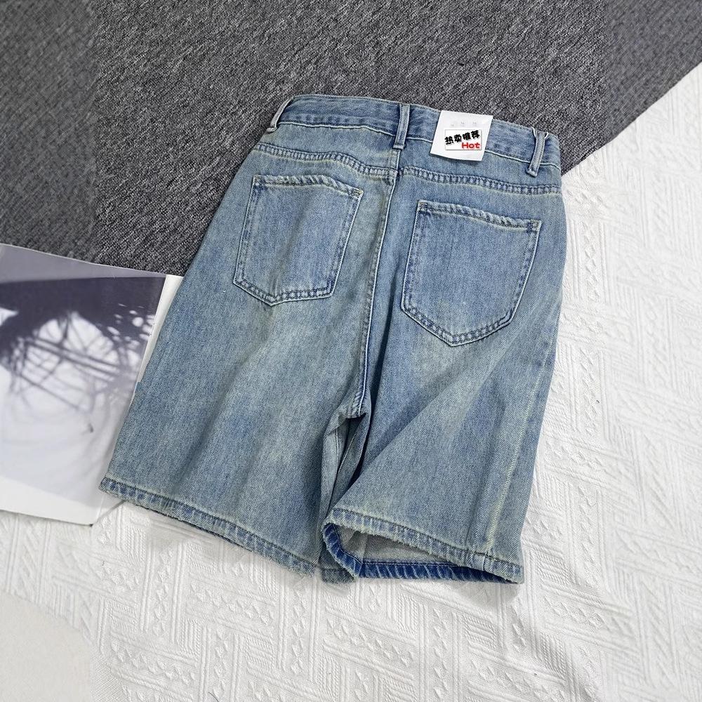Women's Summer Korean-Style High-Waisted Distressed Straight-Leg Cropped Pants Loose A-Line Denim Wide-Leg Shorts