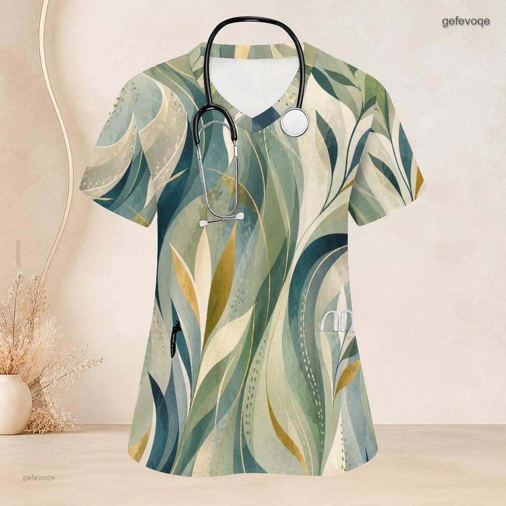 Women Plus Size Leaf Print Scrub Top V Neck Short Sleeve With Front Pockets