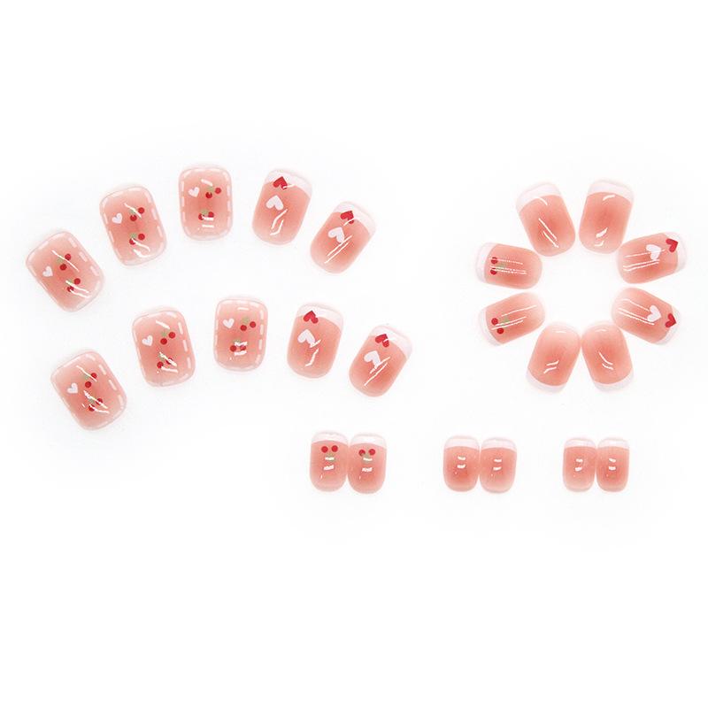 Artificial Nails Pink Short Wear Nails Cute Cherry Nail Stickers Fake Nails