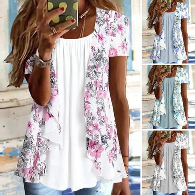 Women Shirt Casual Round Neck Short Sleeve Bohemian Style Printing Oversized