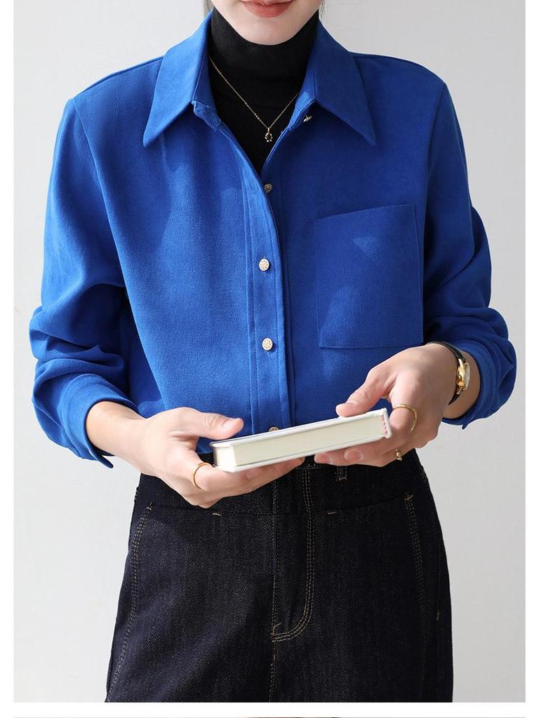 Women's Brushed Red Long Sleeve Shirt - High-End Base Layer for Autumn/Winter 2026, Perfect for Commute and Interviews.