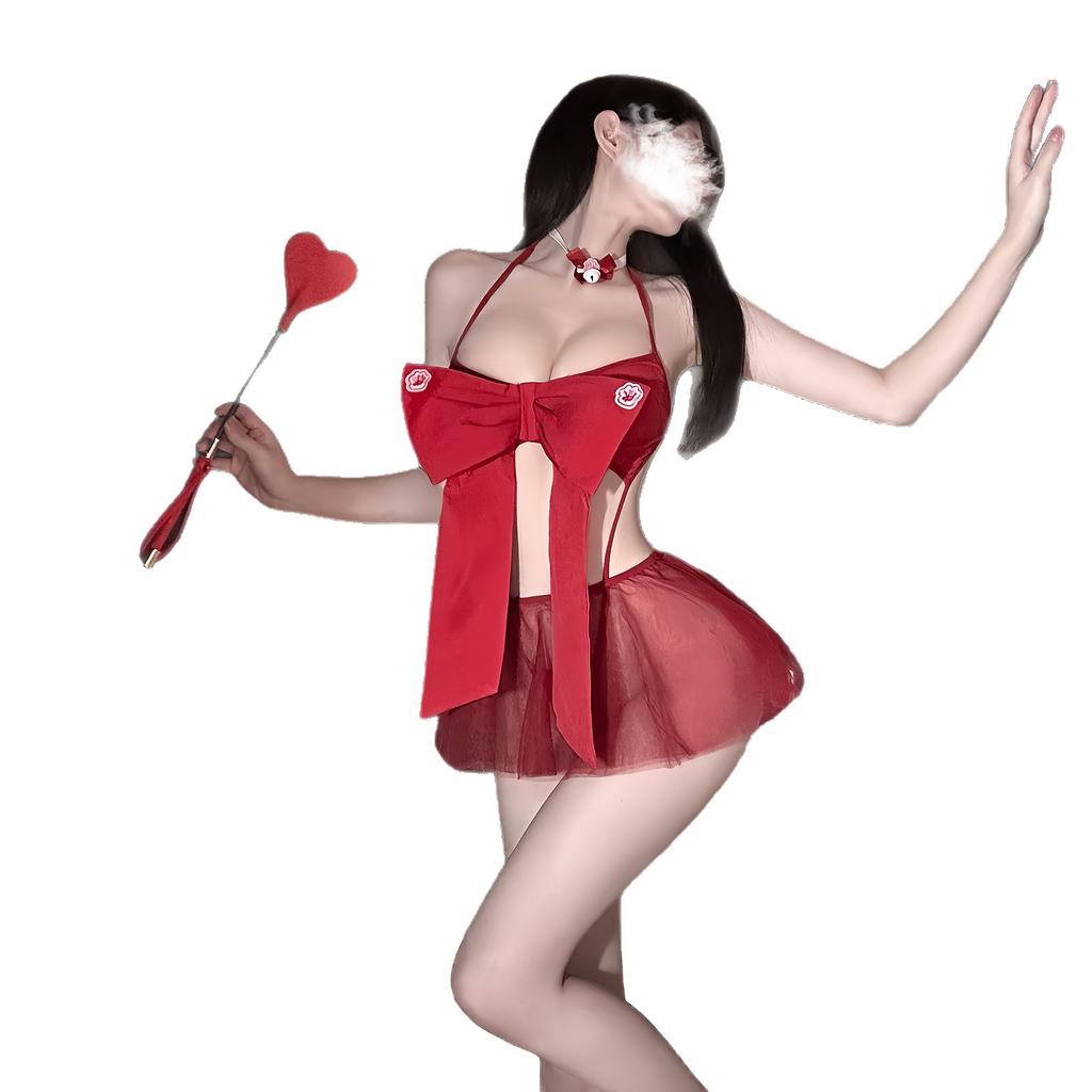 Sexy underwear Sexy pajamas Women's pure desire mesh big bow suspender skirt Perspective backless super short nightdress