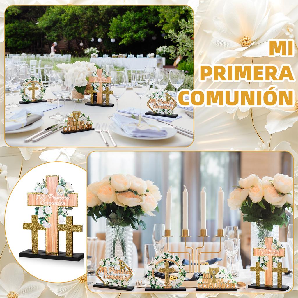 4 Pcs Mi Primera ComunióN Table Centerpieces Decoraciones Spanish Wooden First Holy Communion White Rose Gold Religious Cross Ba