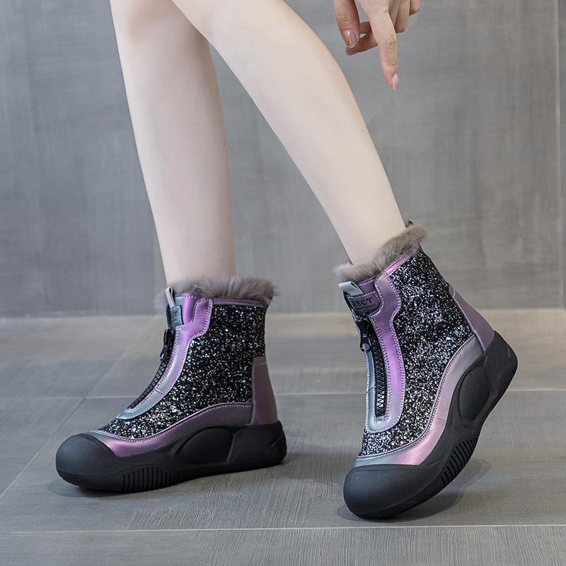 9921 Genuine Leather and Real Hair Women's Shoes, New Muffin Thick-soled Real Hair Cotton Shoes