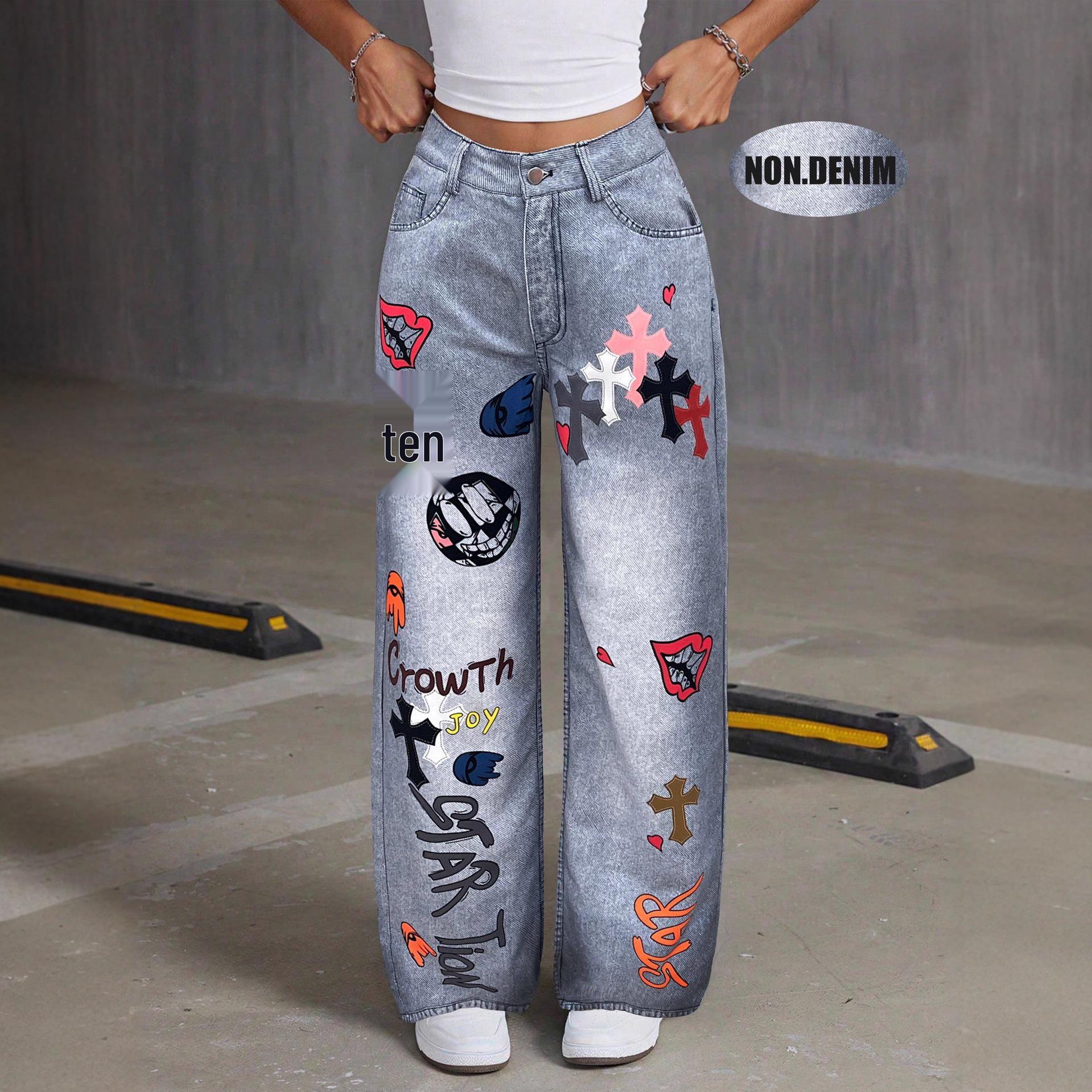 

Unisex Cross Print Loose Straight Leg Jeans N009 Double Extra Large