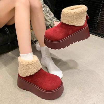 Plateau Stiefeletten Schneestiefel Damen Flats Fell Baumwollschuhe Wildleder Winter Plüsch Warm 2025 Trend Marke Frau Hohe Absätze Botas Mujer