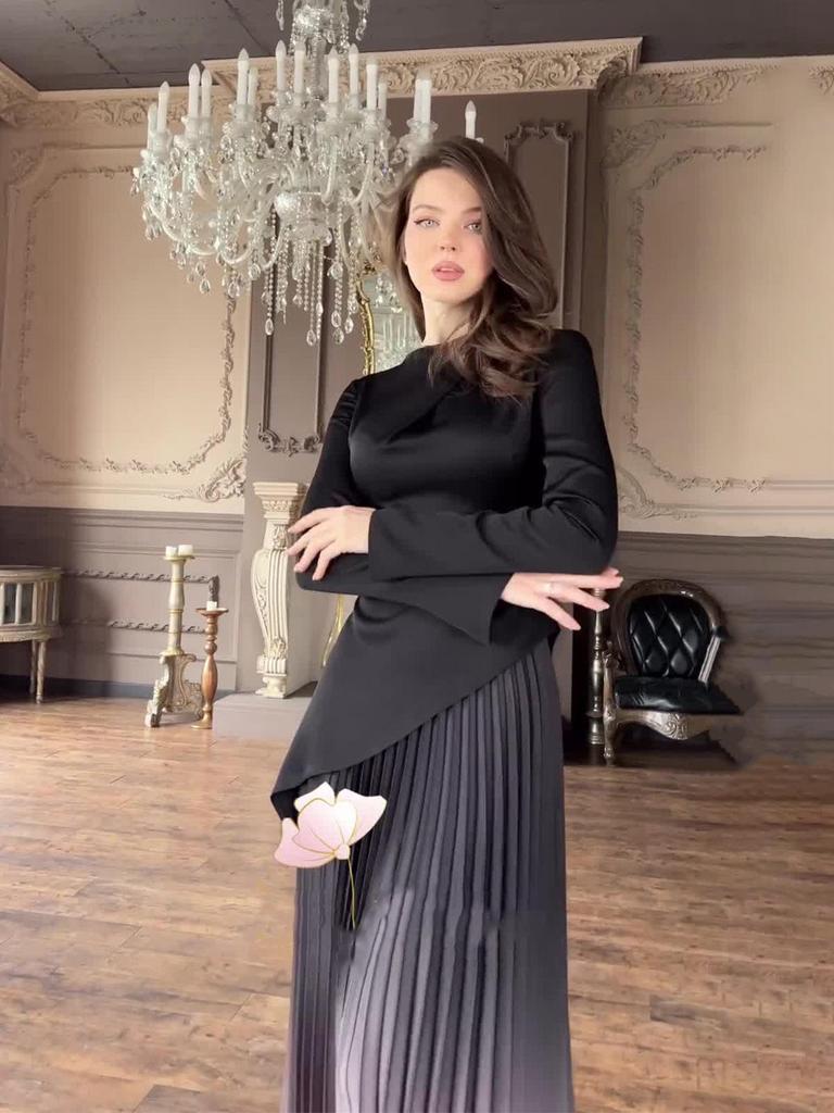 Autumn 2024 Tie-Dye Slimming Gradient Pleated Long Dress for Women